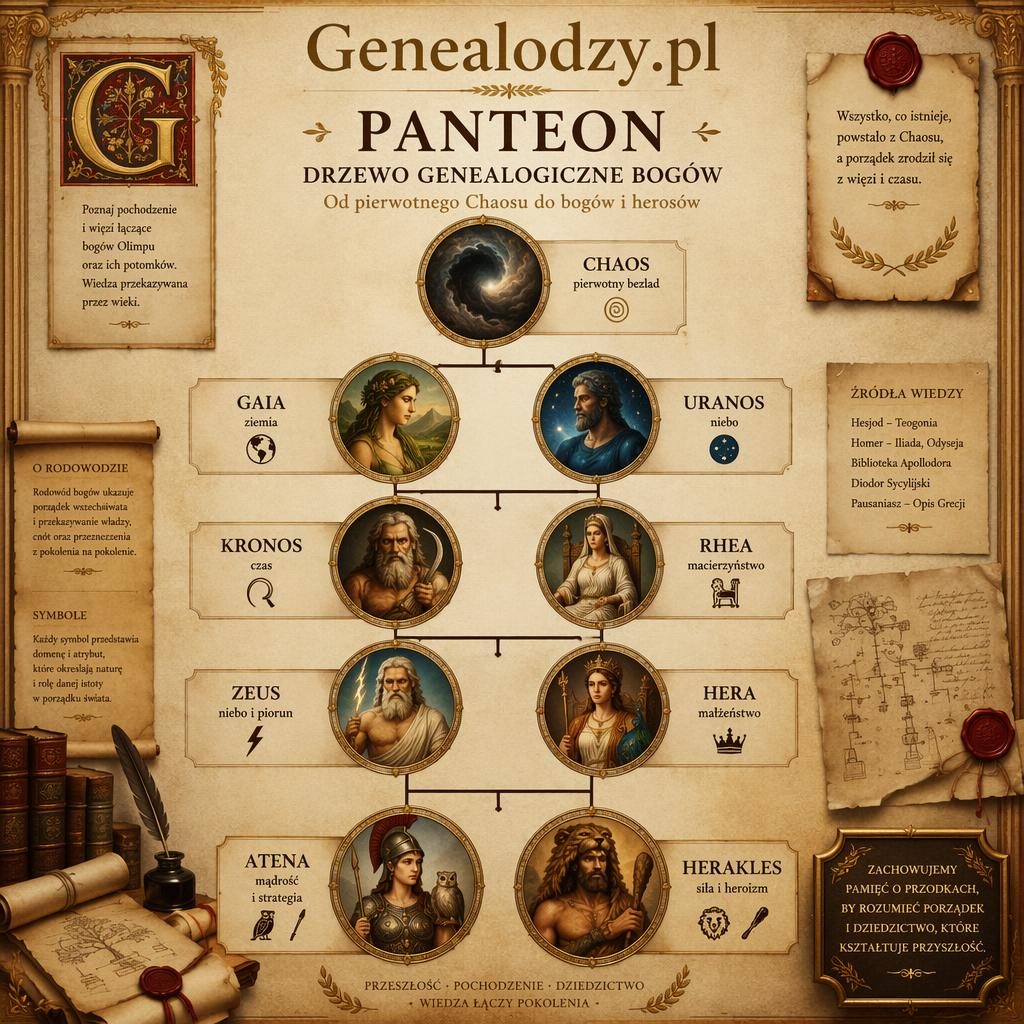 Fotorealistyczny plakat muzealny na pergaminie z drzewem rodowym Panteonu i 9 postaciami mitologii greckiej.