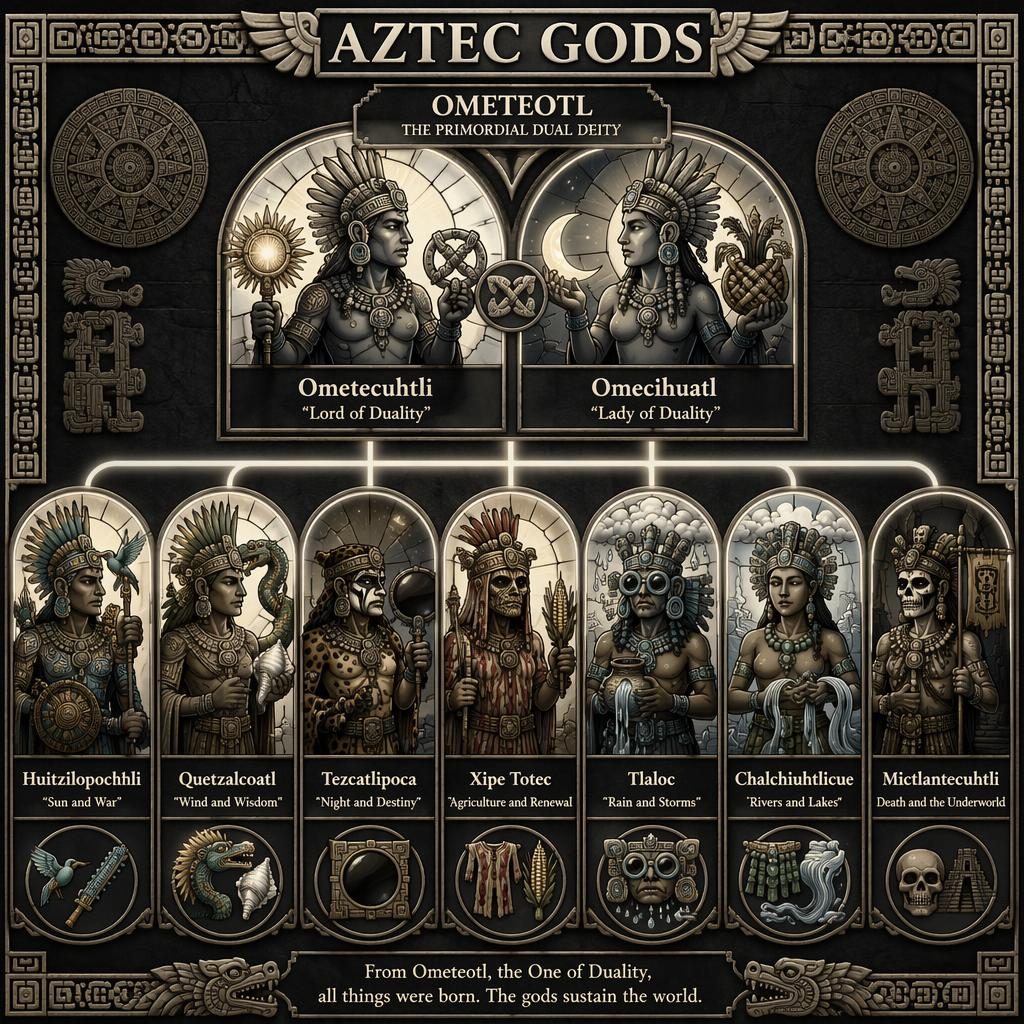 Infographie mythologique en arbre généalogique des dieux aztèques, 8 figures hiérarchisées, style codex et vitrail.