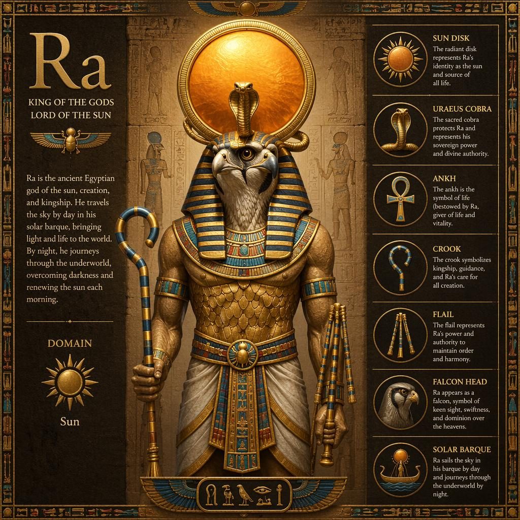 Frontalt porträtt av Ra med falkhuvud, soldisk och uraeuskobra, omgivet av märkta attribut i egyptisk stil.