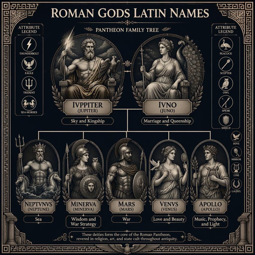 Vintage-style infographic family tree of Roman gods with 7 deities, Latin names, symbols, English labels, midnight palette.