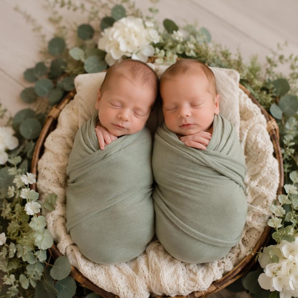Jumeaux nouveau-nés côte à côte, emmaillotés, palette crème et sauge, décor floral, lumière douce de studio