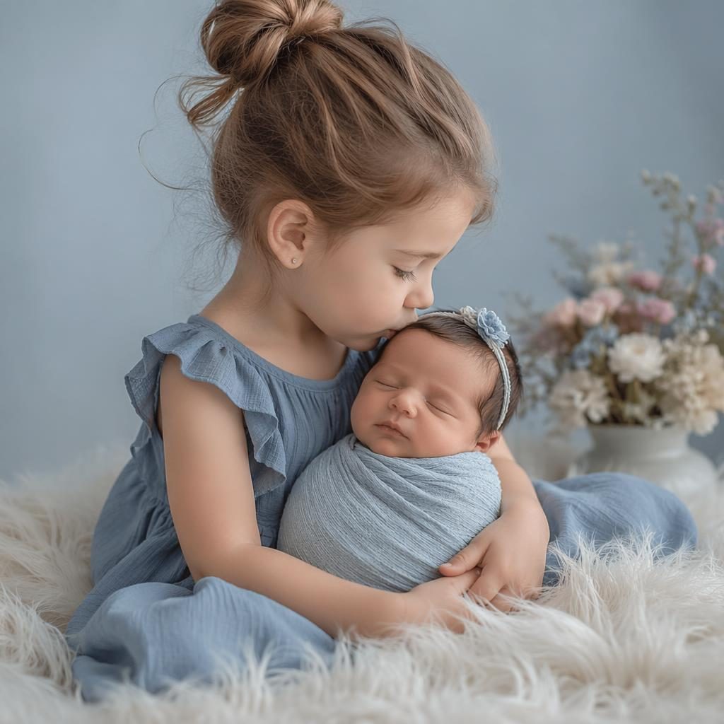 Hermanos dando un beso en la frente a una recién nacida envuelta, en estudio con paleta azul empolvado y luz suave