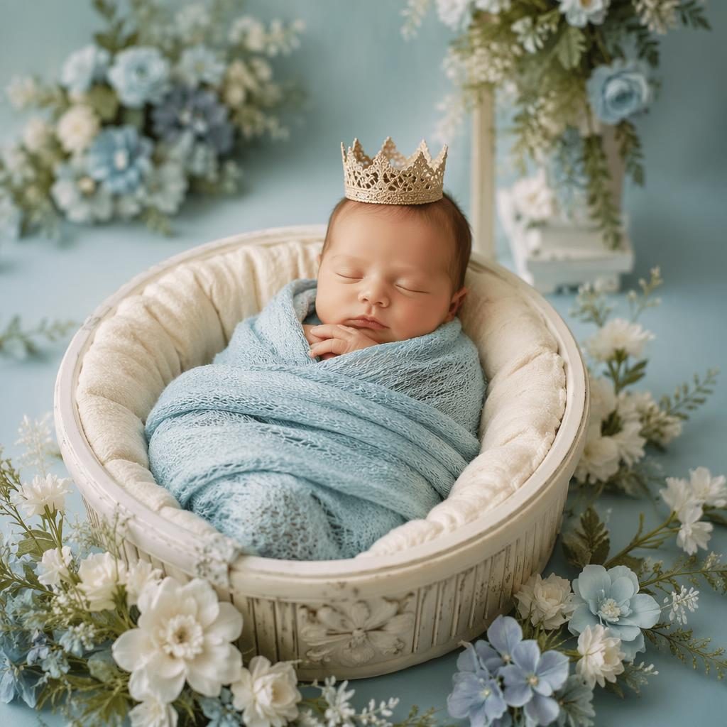Wrapped newborn in a pastel blue studio with crown props, cream and sage florals, and soft natural light