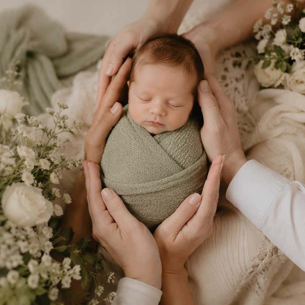 Nouveau-né emmailloté dans une couverture crème, mains de famille en cocon, lumière douce, décor floral sauge.