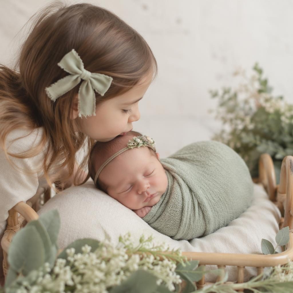 Primer plano de bebé recién nacido dormido y envuelto, con beso en la frente de un hermano, tonos crema y salvia.