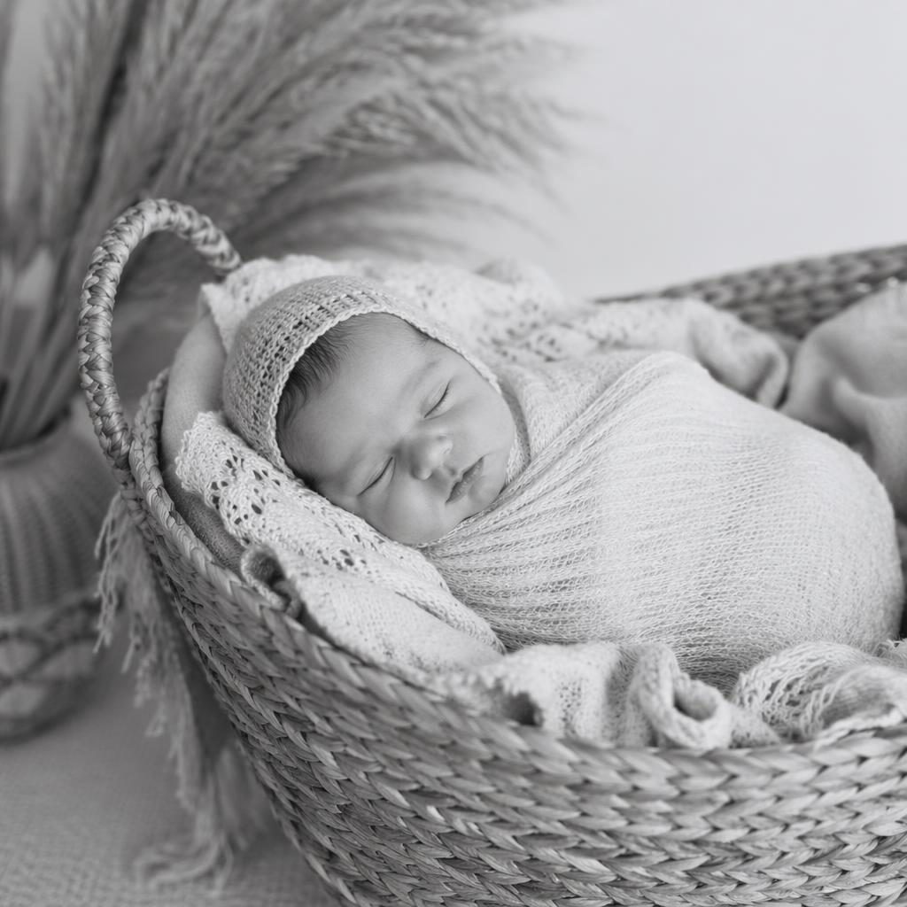 Bébé nouveau-né endormi dans un panier tressé, emmailloté avec bonnet en maille, photo studio noir et blanc