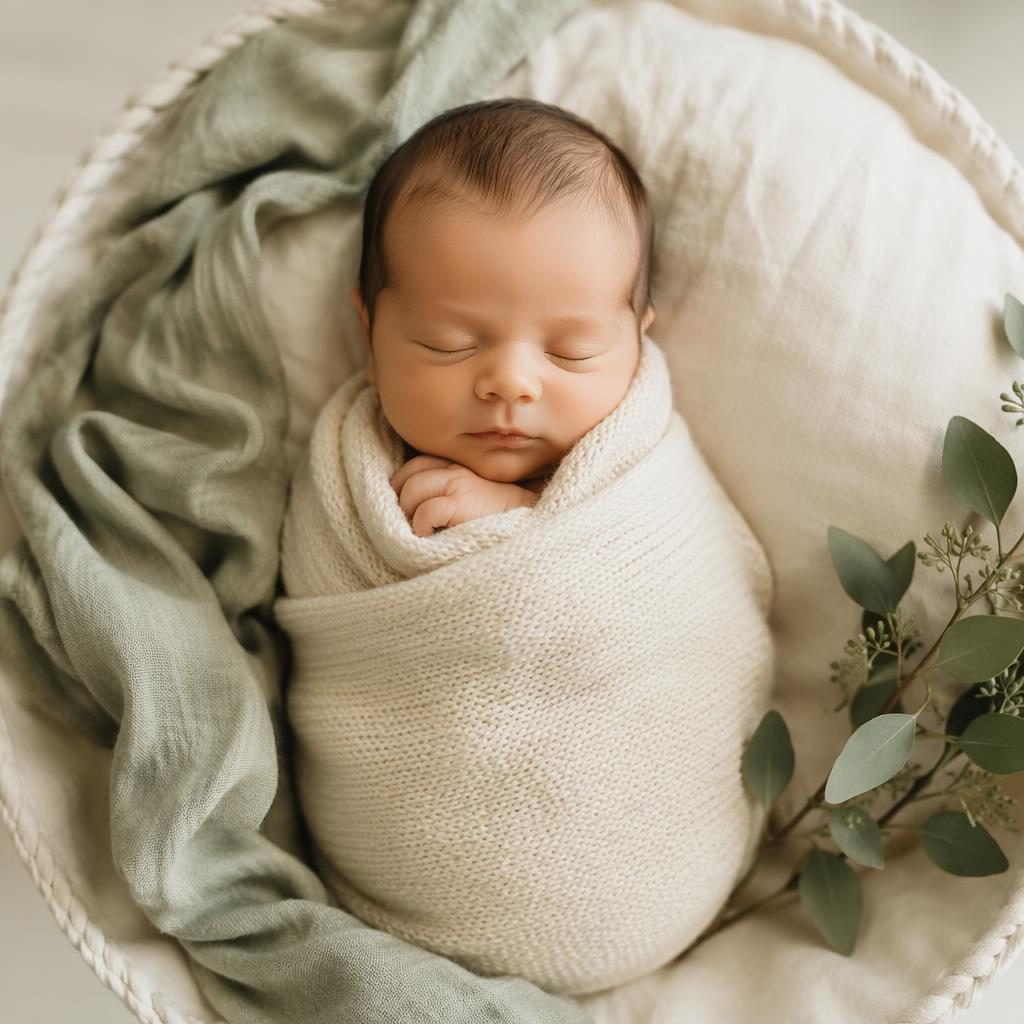 Swaddled newborn in a soft cream blanket with sage accents, photographed in gentle studio light with minimal props.