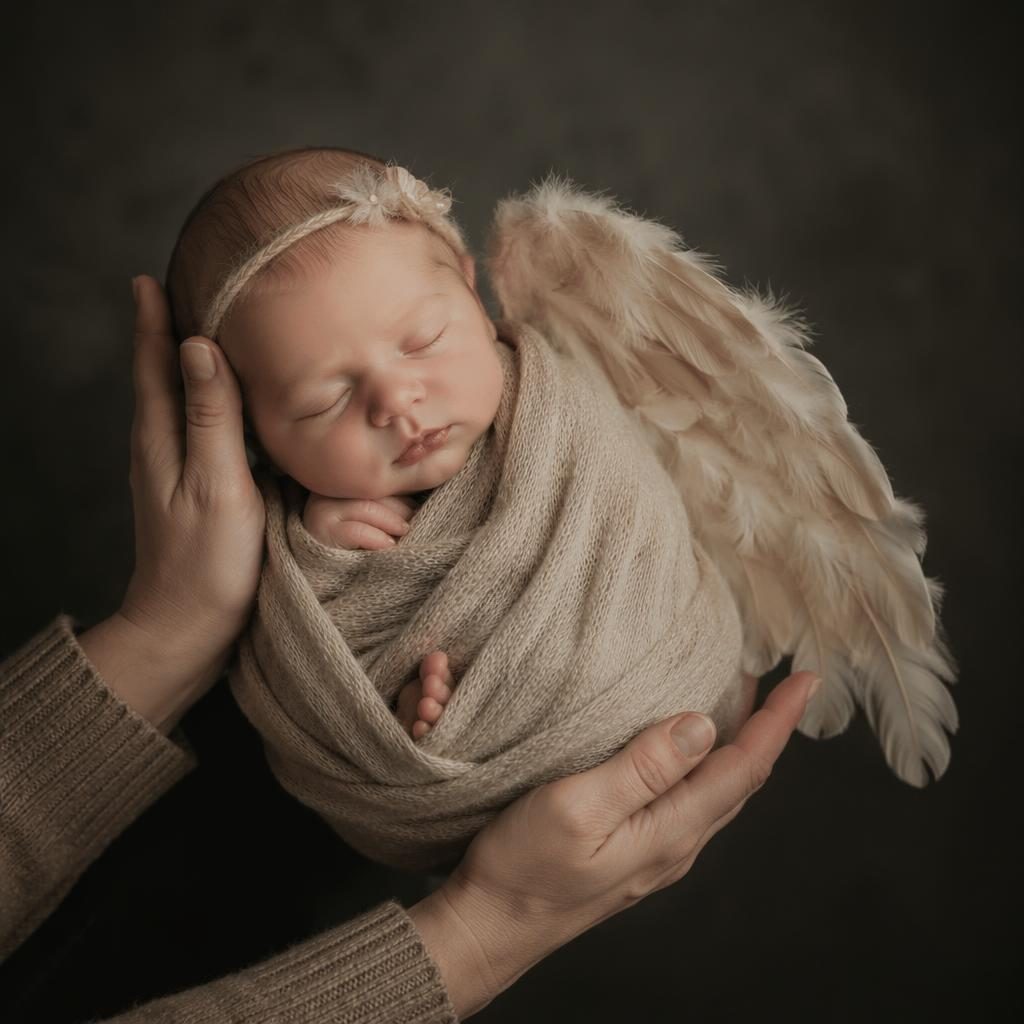 Wrapped newborn cradled in parent hands with feather wing accessory, moody pastel studio lighting and knitted props