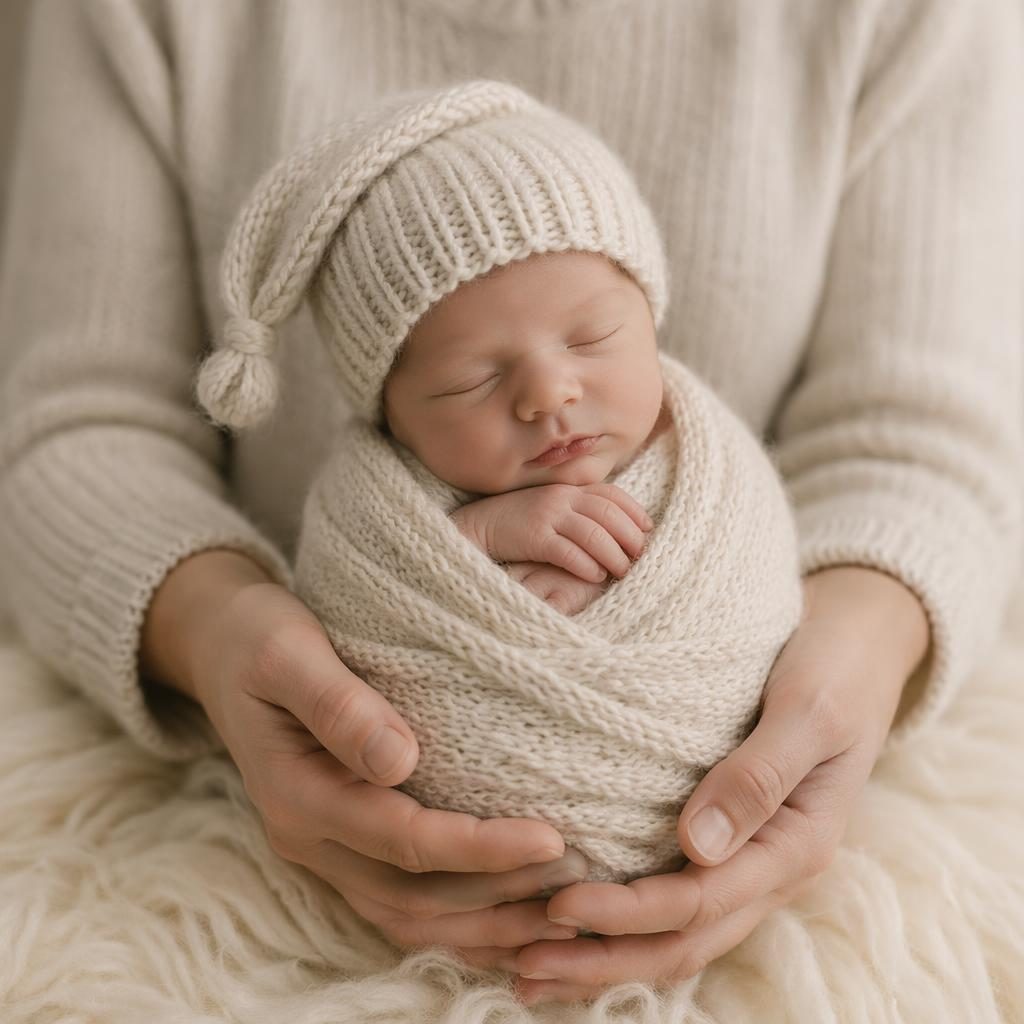 Manos de los padres acunando a un recién nacido envuelto, con gorrito de punto, luz suave y tonos pastel en estudio