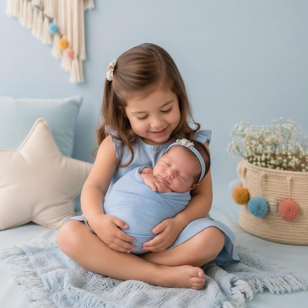 Recién nacido envuelto y seguro en brazos de sus hermanos, en estudio pastel azul con luz natural suave.