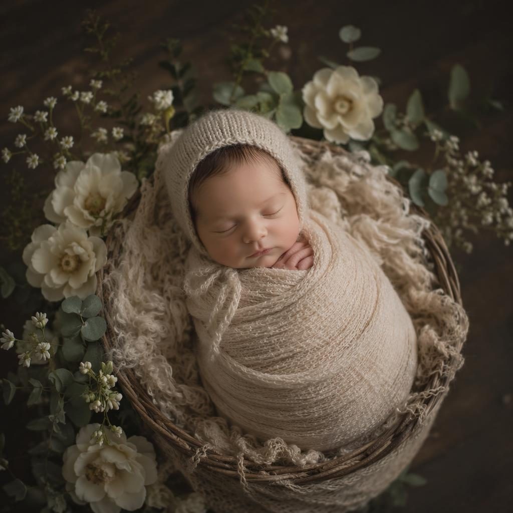 Wrapped newborn in a beige basket with cream and sage floral props, soft moody studio light, safe posed portrait