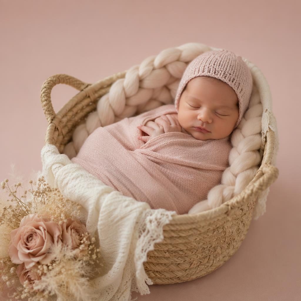 Neugeborenes Baby sicher eingewickelt mit kleiner Strickmütze in einem Korb vor pastellrosa Studiohintergrund