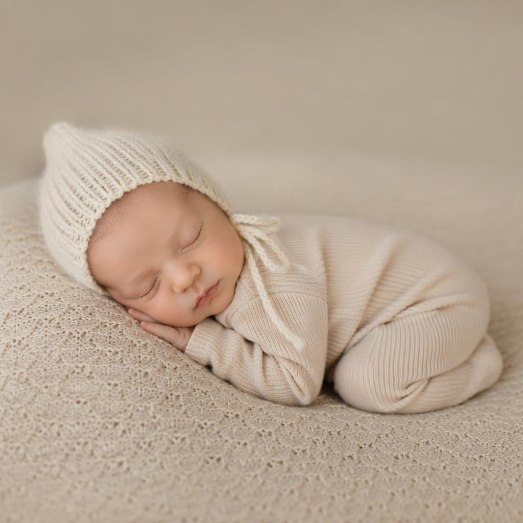 Gros plan d’un nouveau-né endormi, emmailloté avec un petit bonnet en maille, lumière douce sur fond beige.