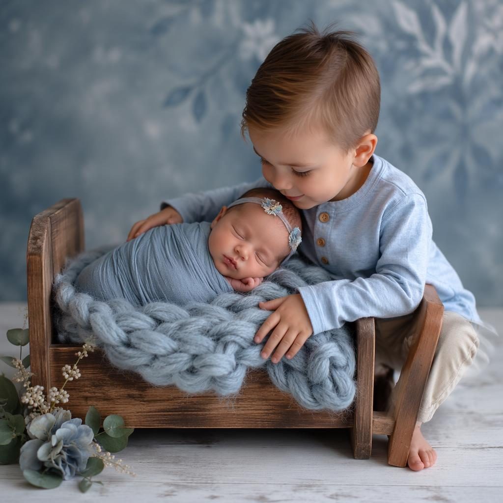 Siblings gently hold a safely wrapped newborn on a wooden bed prop in a dusty blue studio with soft natural light.