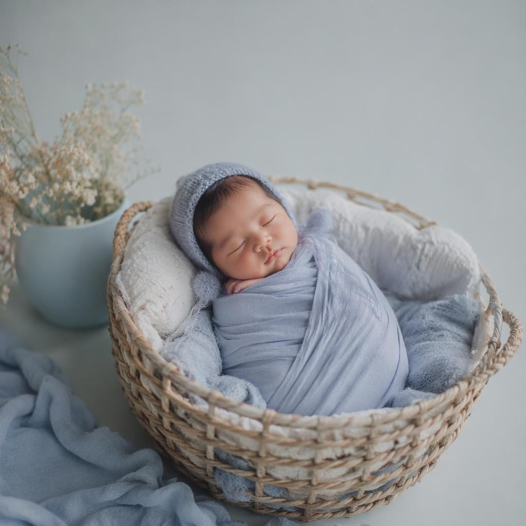 Sleeping newborn wrapped safely in a basket, styled in a pastel blue studio with soft natural light and minimal props.