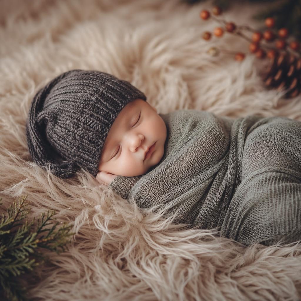 Nourrisson garçon emmailloté sur un tapis en fourrure, avec petit bonnet en tricot, lumière douce de studio.