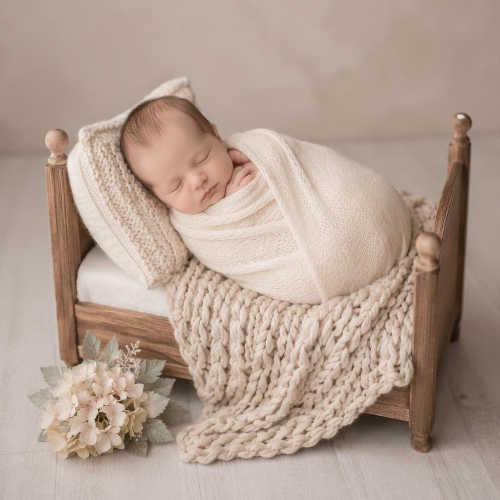 Swaddled newborn wrapped in a soft pastel blanket, resting safely in a wooden bed prop under gentle studio light.