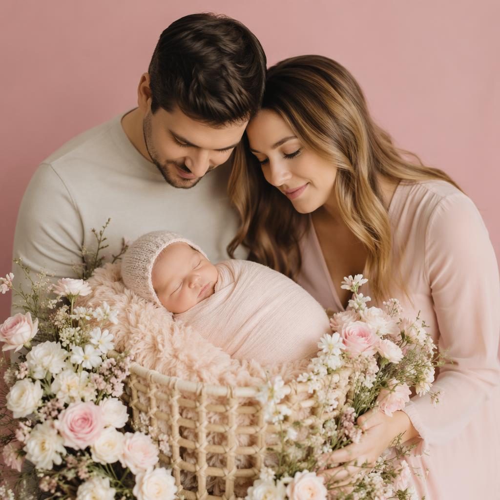 Safe newborn portrait of a wrapped baby in a tiny knit hat, styled with soft florals in a pastel pink studio.