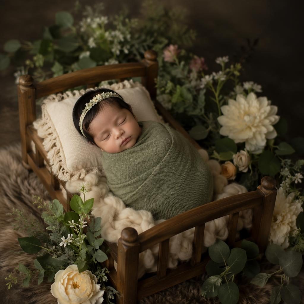 Wrapped newborn on a fur rug in a wooden bed prop, with cream and sage floral styling and soft moody studio light.