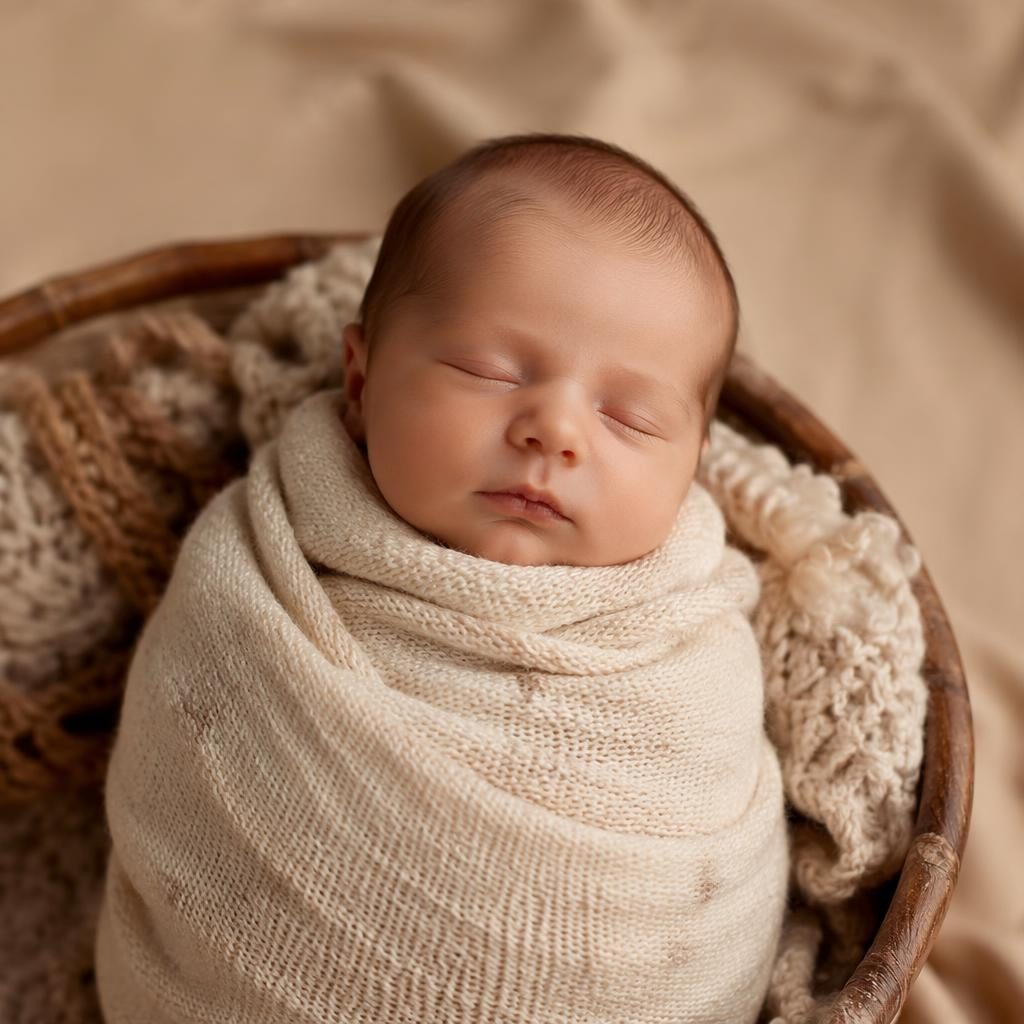 Nouveau-né emmailloté dans une couverture douce, posé en studio sur fond beige avec lumière naturelle tamisée.