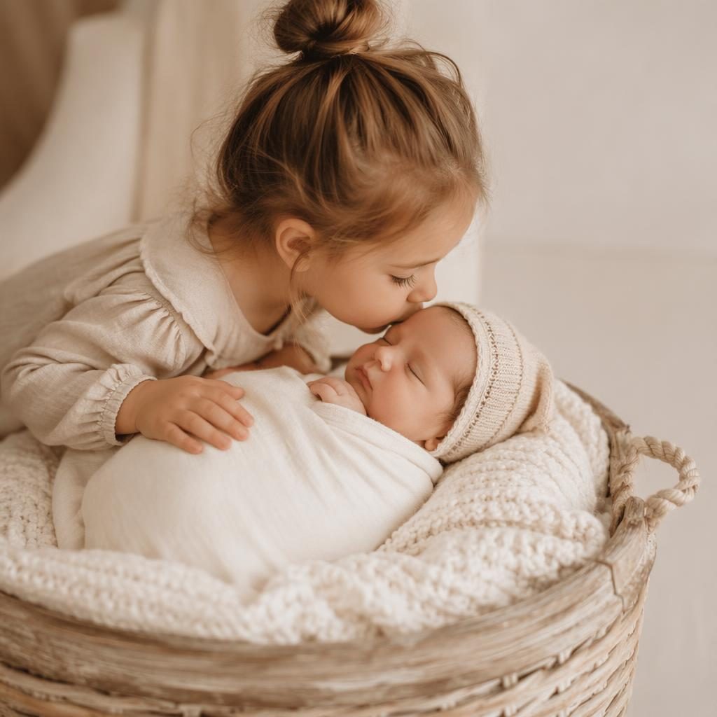 Tasteful newborn photograph: tiny knit hat. soft editorial photography, warm beige palette, natural minimal prop styling