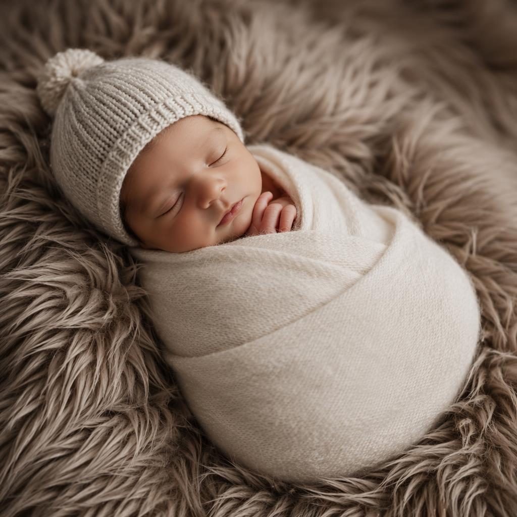 Nourrisson garçon emmailloté avec petit bonnet en maille, posé en sécurité sur un tapis en fourrure, tons blush et ivoire.