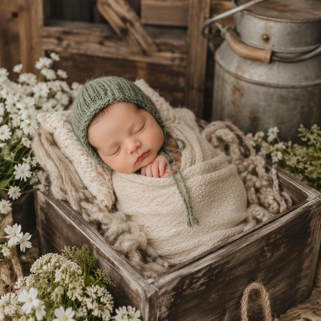 Nouveau-ne emmaillote avec bonnet en tricot, pose securisee, decor rustique ferme, tons creme et sauge