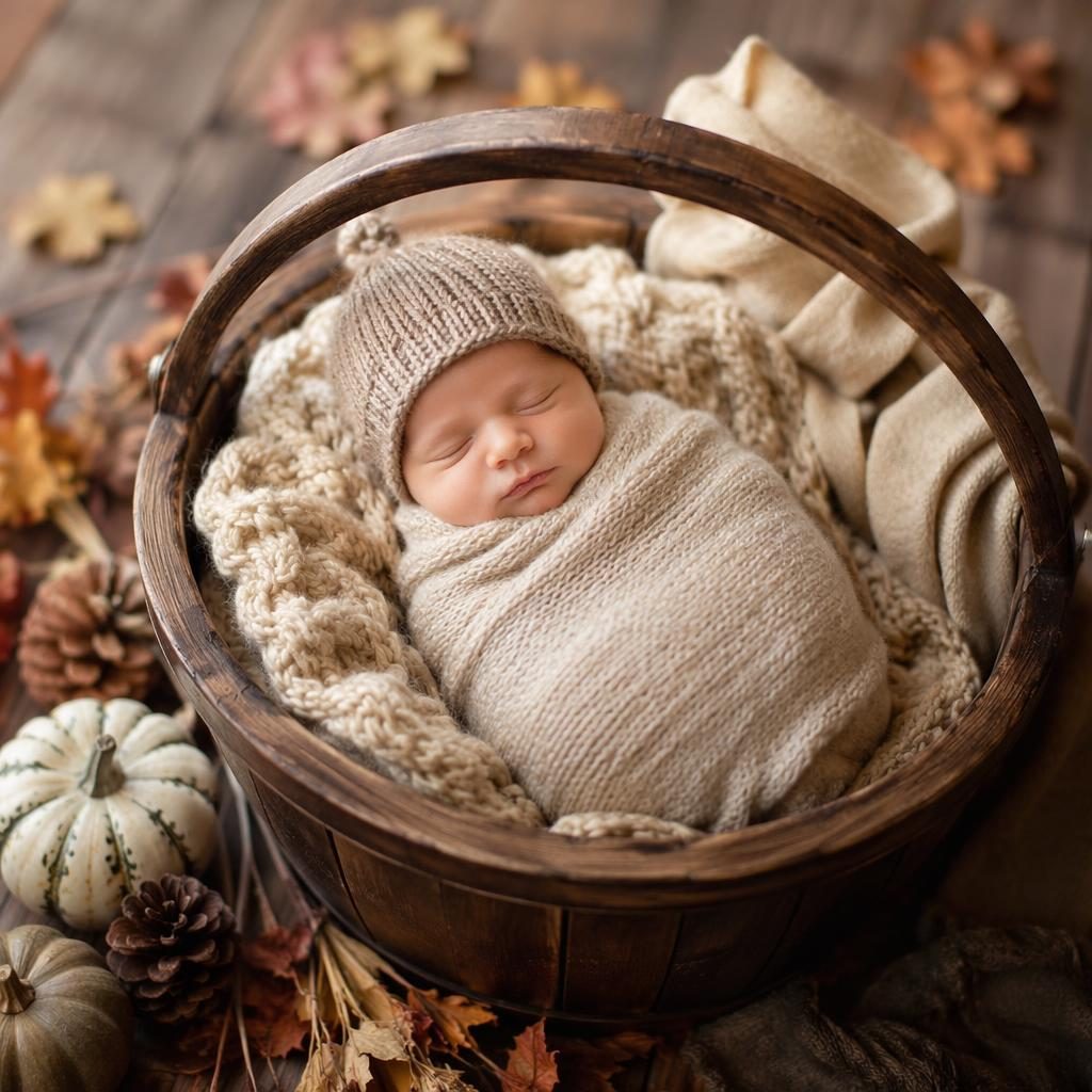 Sleeping newborn wrapped in soft fabric in a wooden basket for photoshoot, wearing a tiny knit hat in muted autumn tones.