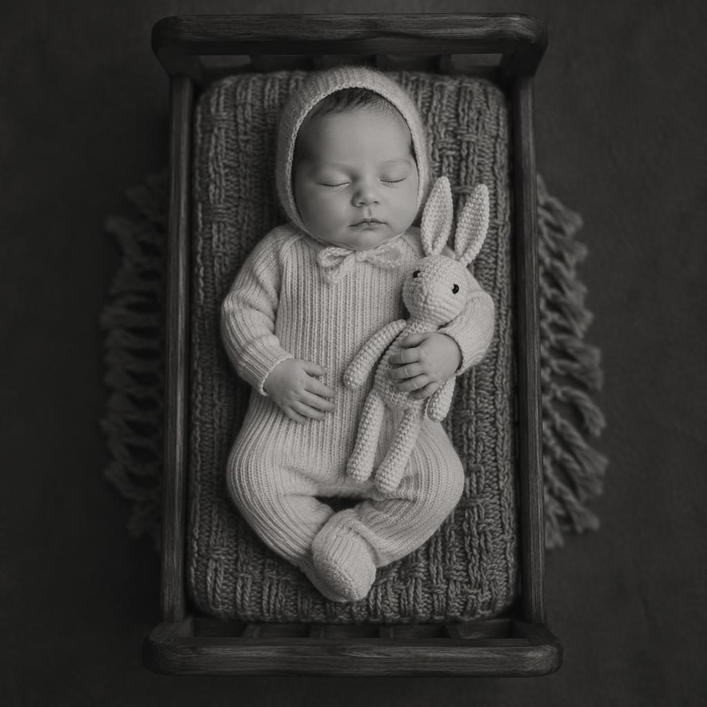 Black and white newborn photo of a wrapped baby lying safely with a toy on a wooden bed prop in soft studio light