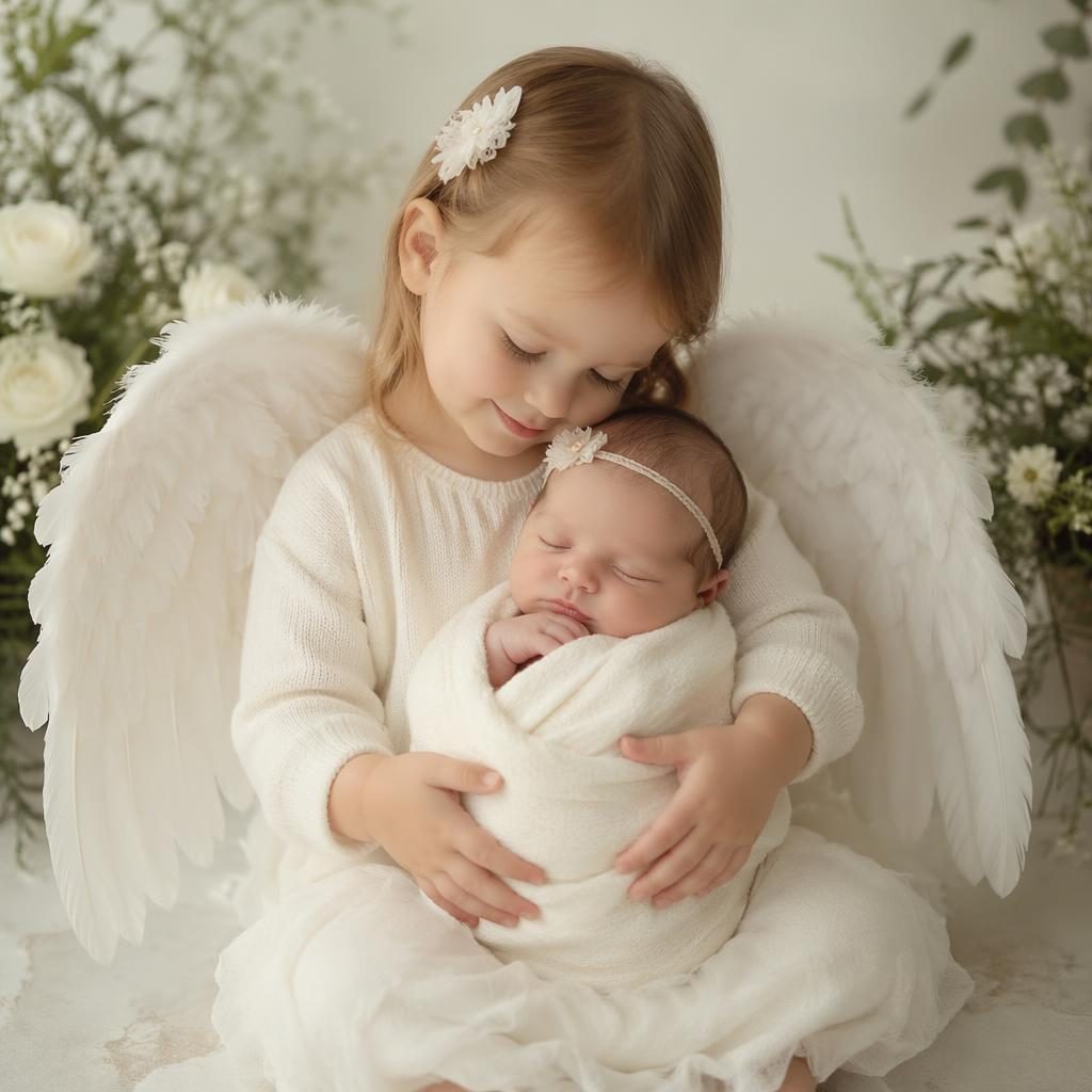 Tasteful newborn photograph: siblings holding. soft editorial photography, cream and sage palette, floral garden prop st