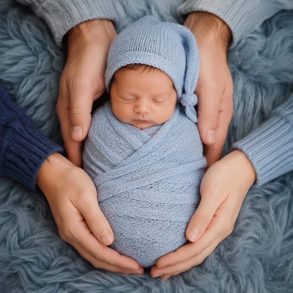 Bebé recién nacido envuelto y con gorrito tejido, rodeado por manos familiares en estudio con luz suave azul empolvada.
