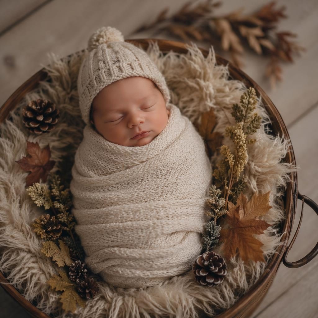 Wrapped newborn wearing a tiny knit hat on a textured throw in soft studio light with muted autumn earth-tone styling.