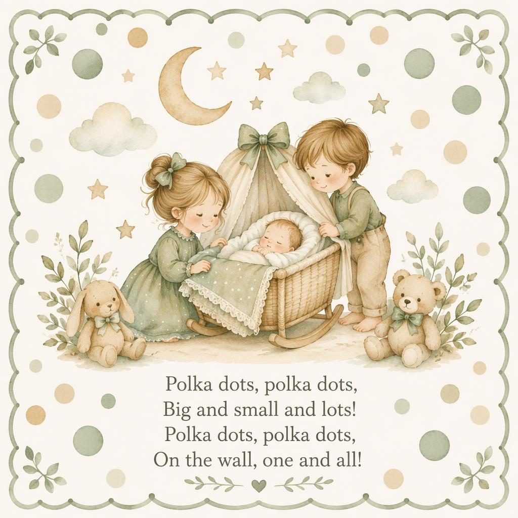 Soft watercolor nursery poster with sage and beige polka dot decals, decorative border, and clean lyric text at bottom