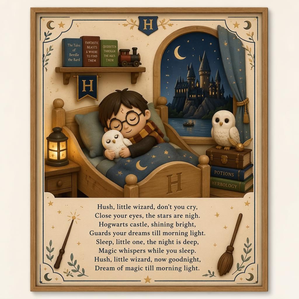 Pastel nursery wall poster with a Harry Potter inspired lullaby scene, wooden toy aesthetic, decorative border, and lyrics area at bottom.