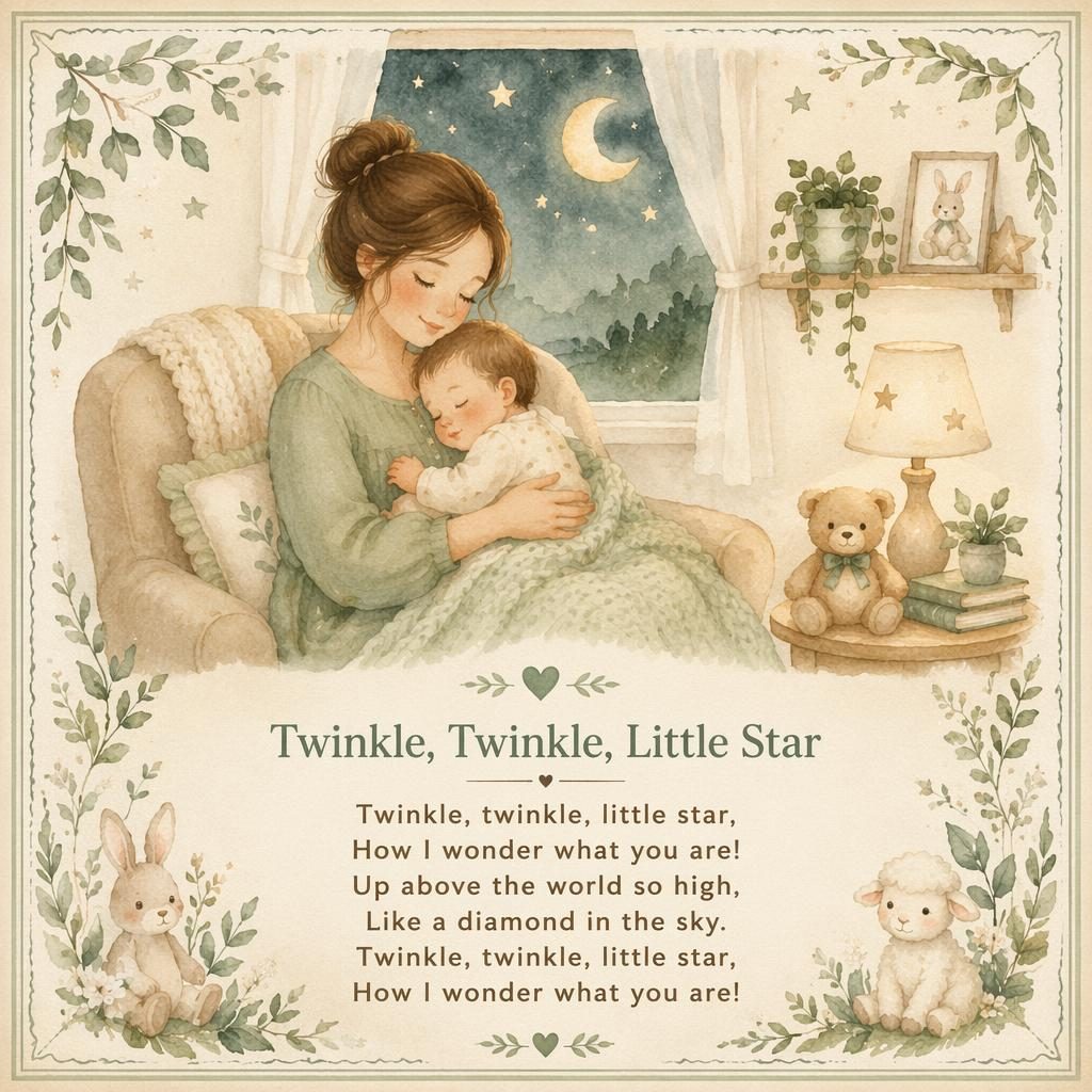 Watercolor nursery poster with a gentle illustrated scene, sage and beige palette, decorative border, and lyrics area at bottom.