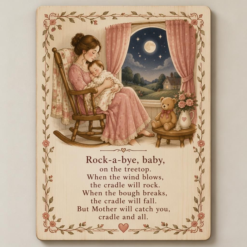 Illustratives Nursery-Poster in Creme und Rosé mit sanfter Bilderbuchszene, Zierrahmen und Platz für Reimtext unten.