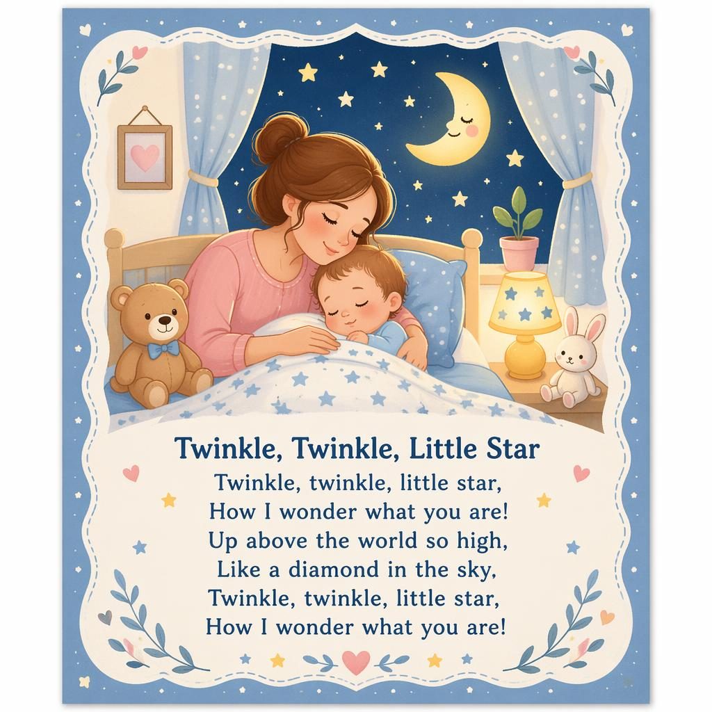 Illustratives kinderposter im Pastellstil mit Schlafliedszene, dekorativem Rahmen und sauber gesetztem Liedtext unten.