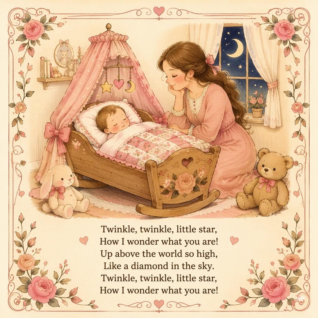 Illustrated nursery wall poster in warm cream and rose tones with a gentle storybook scene, decorative border, and lyric area at bottom.
