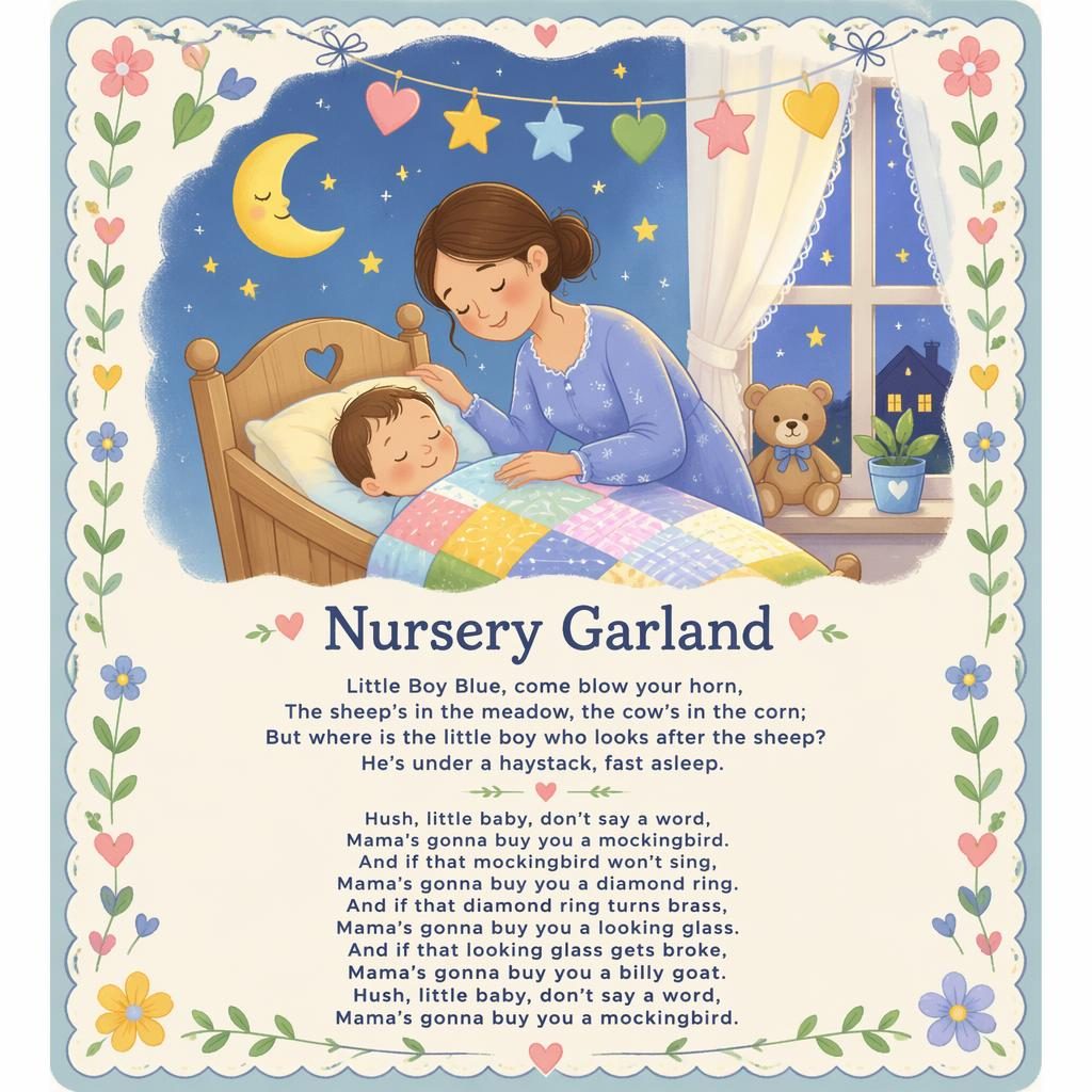 Illustrated nursery rhyme poster with a pastel garland scene, playful colors, decorative border, and lyrics area at bottom.