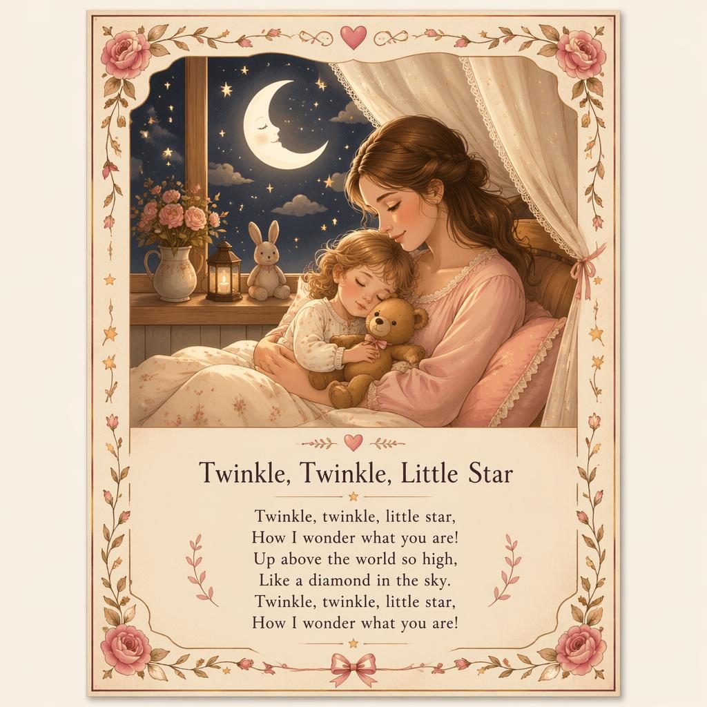 Illustratives Kinderposter im Storybook-Stil in Creme und Rosa mit Reimszene, Zierrahmen und Textbereich unten.
