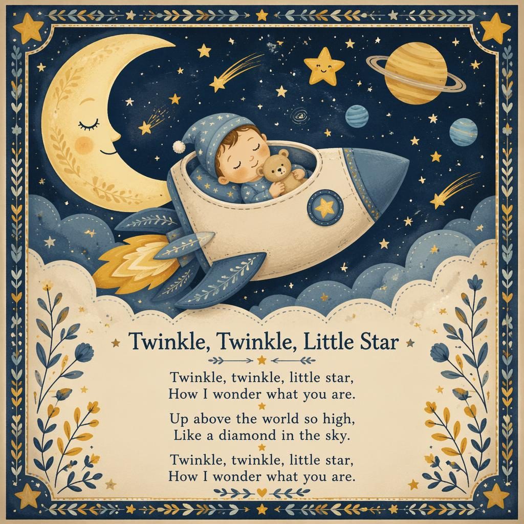 Folk art nursery poster with moon, stars, and soft yellow blue space scene, decorative border, and lullaby lyrics at bottom