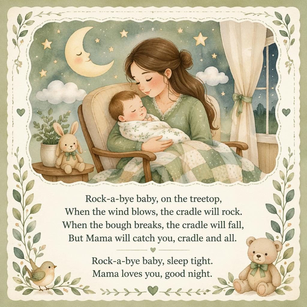 Watercolor nursery poster in sage and beige with a gentle lullaby scene, decorative border, and clean lyric area at the bottom.