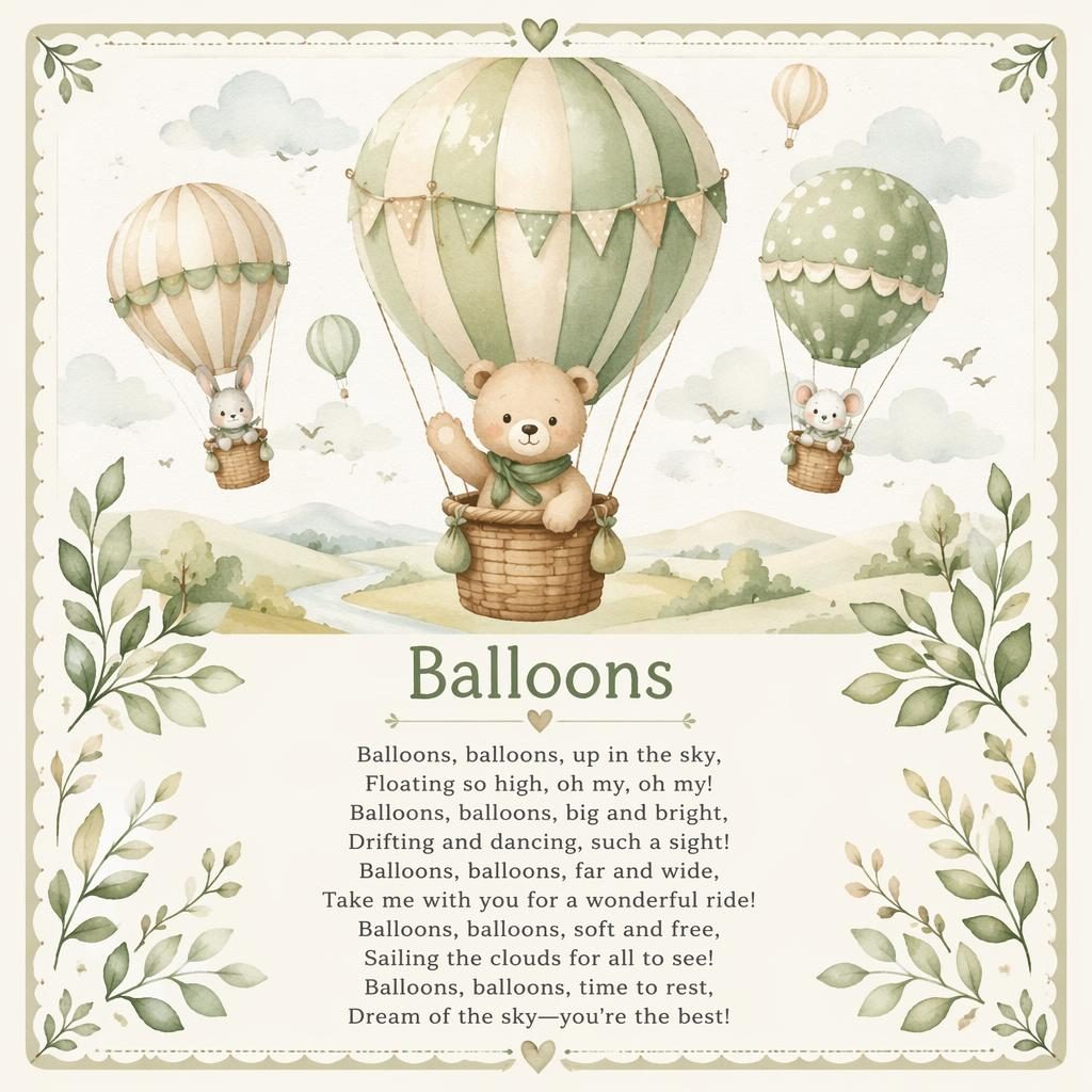 Watercolor nursery poster with soft balloons, decorative border, and clean lullaby lyrics at the bottom in sage and beige tones.