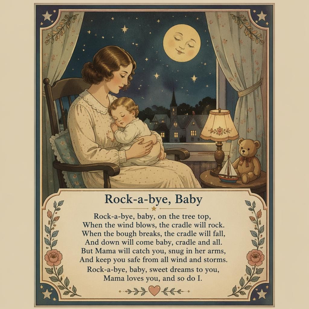 Illustriertes Nursery-Poster im 1930er-Stil mit sanften Farben, dekorativem Rand und sauber gesetztem Reimtext unten
