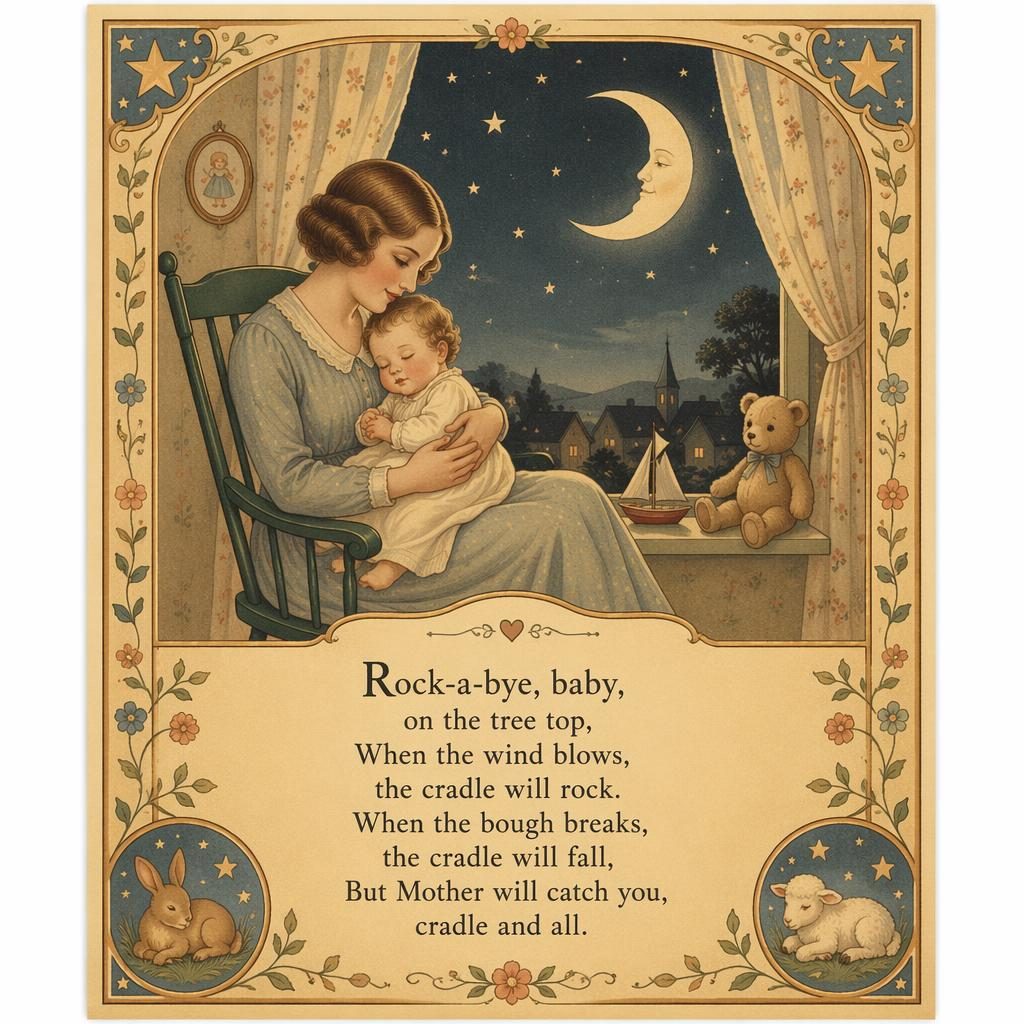 Illustriertes kinderzimmer poster im Vintage-1930er-Stil mit sanfter Szene, Zierrahmen und Liedtext am unteren Rand