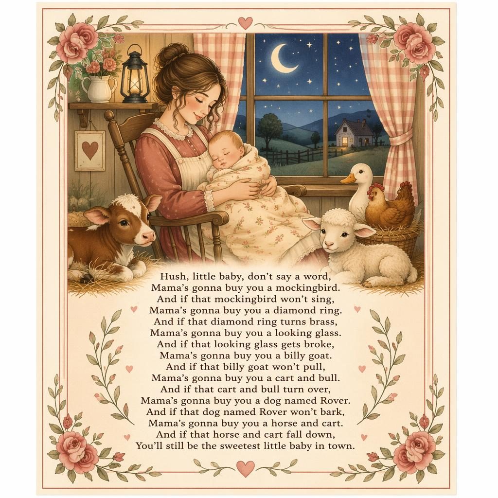 Storybook-style nursery wall poster with a farmhouse scene, warm cream and rose tones, border, and lullaby lyrics area.