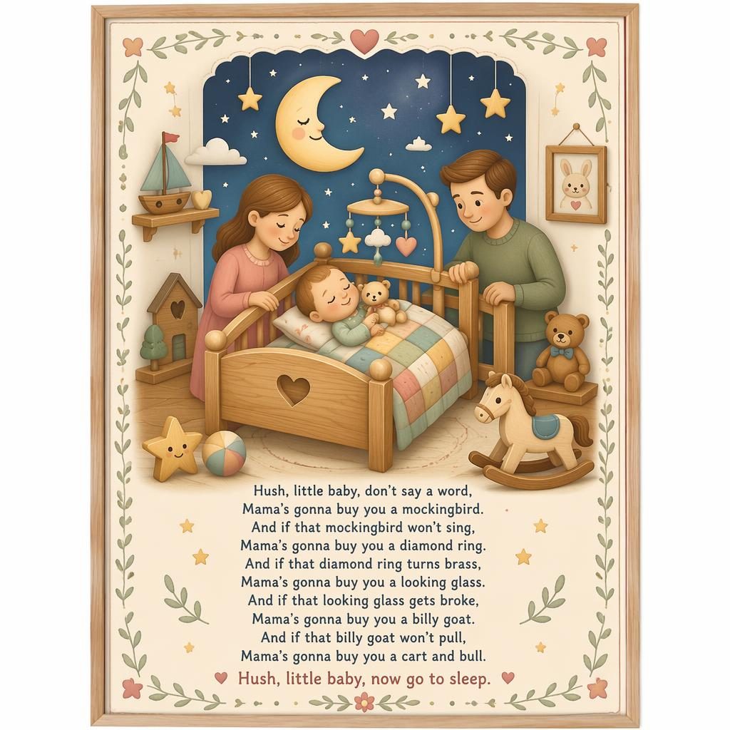 Illustrated nursery wall poster with a cozy pastel scene, wooden toy style details, decorative border, and lullaby lyrics at bottom.