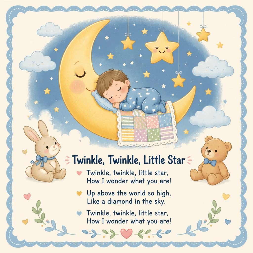 Pastel nursery poster with a playful illustrated rhyme scene, decorative border, and clean lyrics text at the bottom.