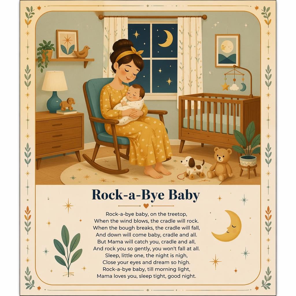 Illustrated nursery wall poster with mid century modern nursery furniture, wooden toys, pastel colors, border, and lyrics area