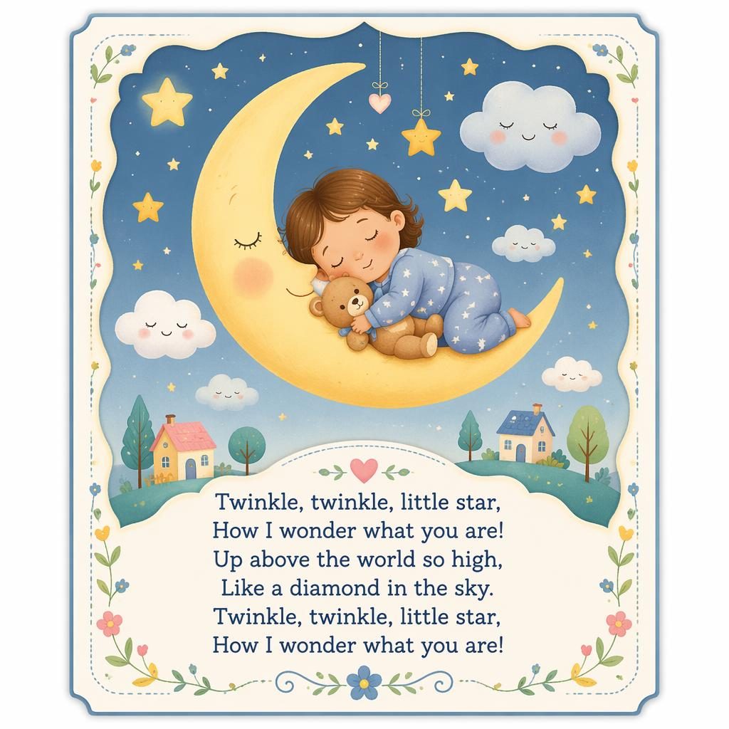 Illustrated nursery wall poster with a gentle rhyme scene, pastel colors, playful border, and clean lyric text at the bottom.